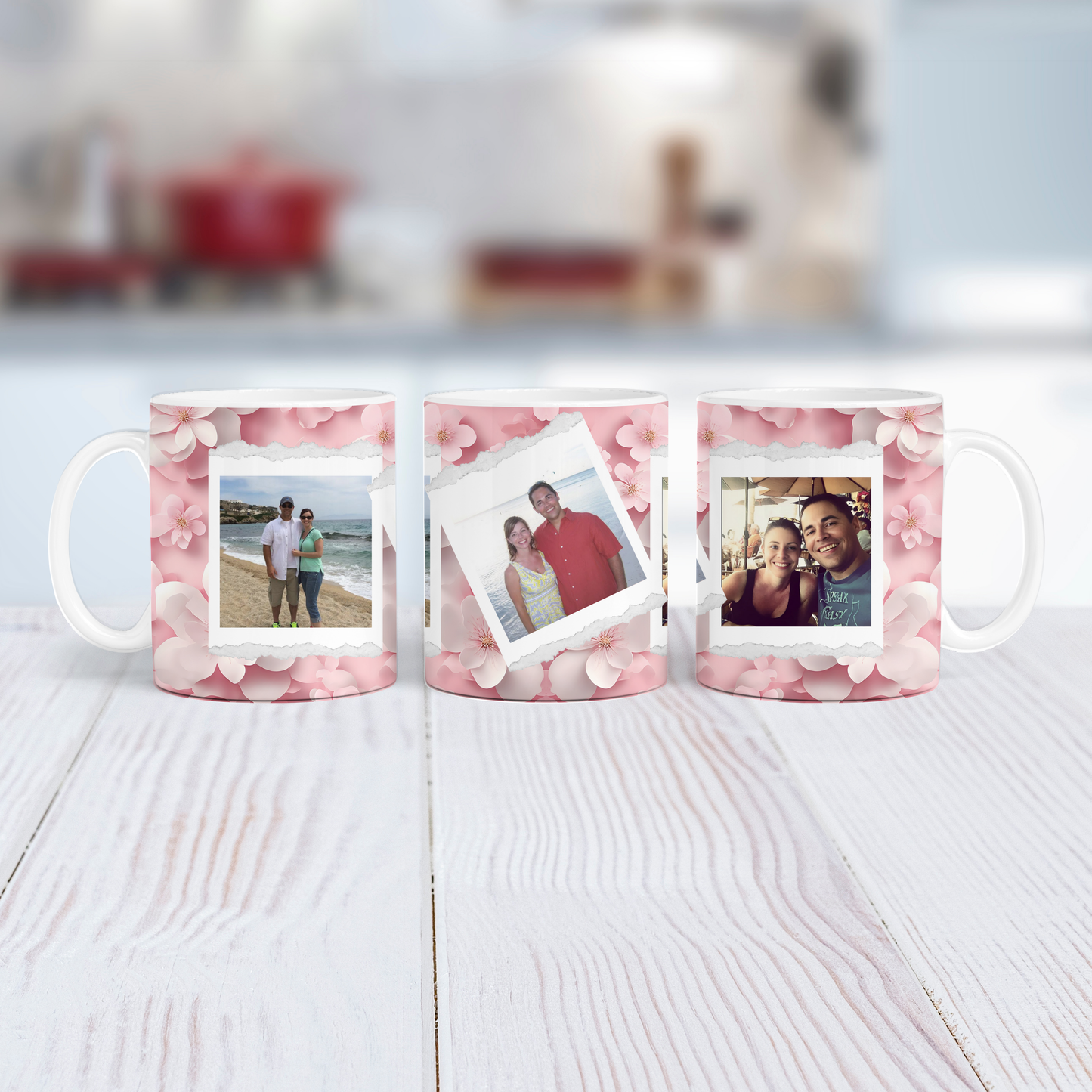 Cherry Blossom Coffee Mug - 11oz Customized Mug with 3 Photos, Gift for Her, Floral Design, Personalized Drinkware