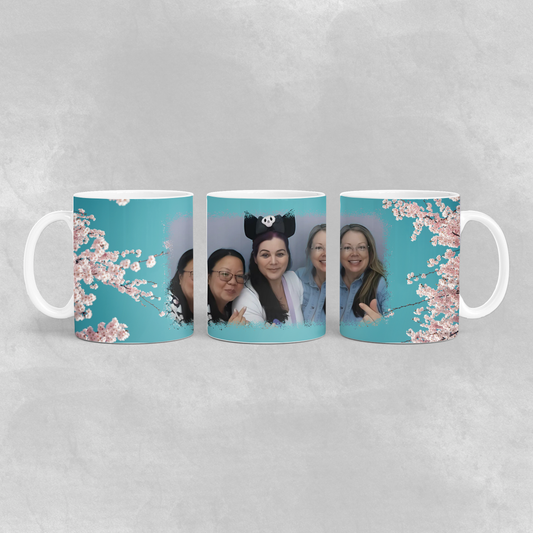 Cherry Blossom Teal Coffee Mug 11oz, Custom Photo Mug, Unique Gift, Personalized Tea Cup, Cute Floral Design, Kitchen Decor