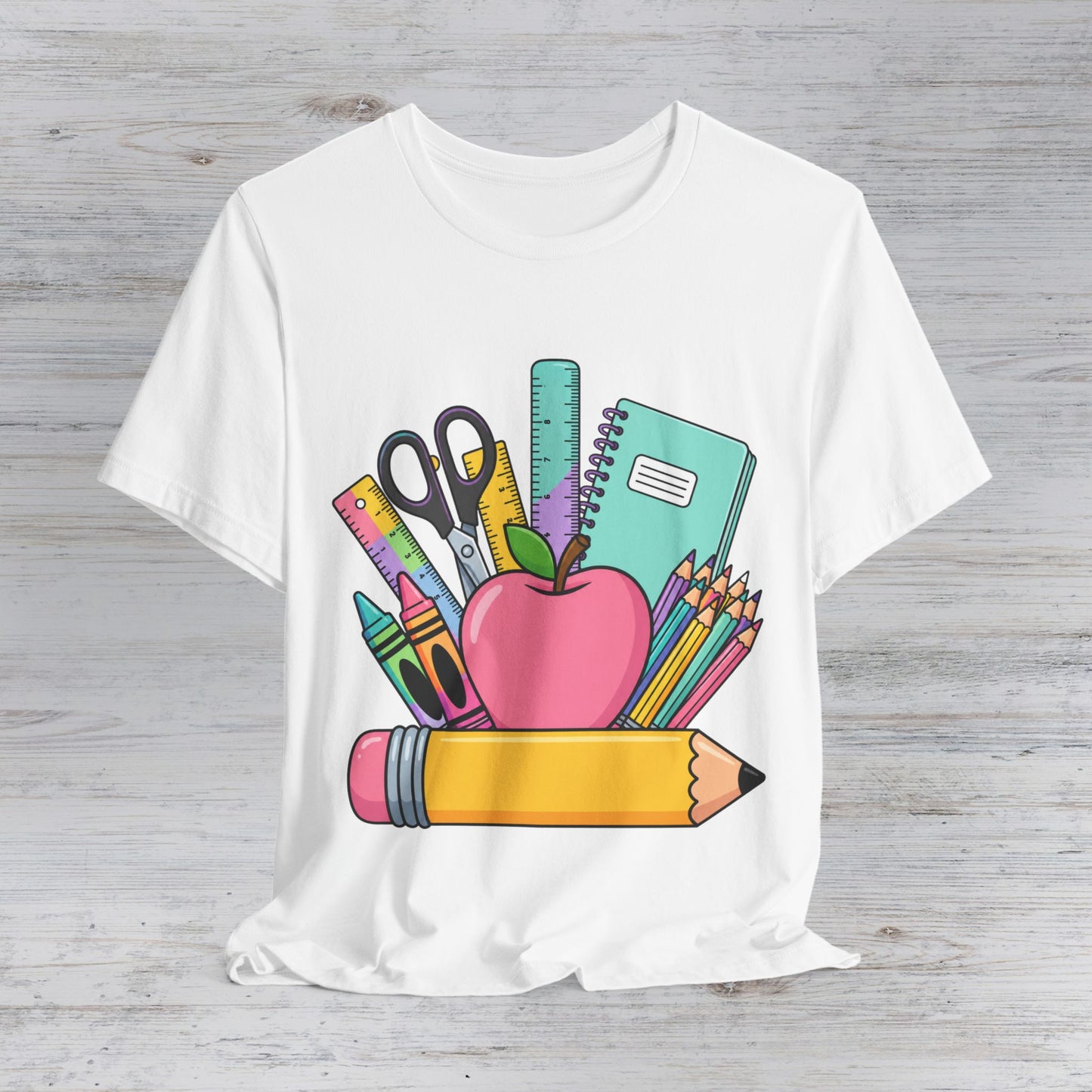 Back to School Apple and Supplies Tee | Pencil, Notebook, Scissors, Colored Pencils
