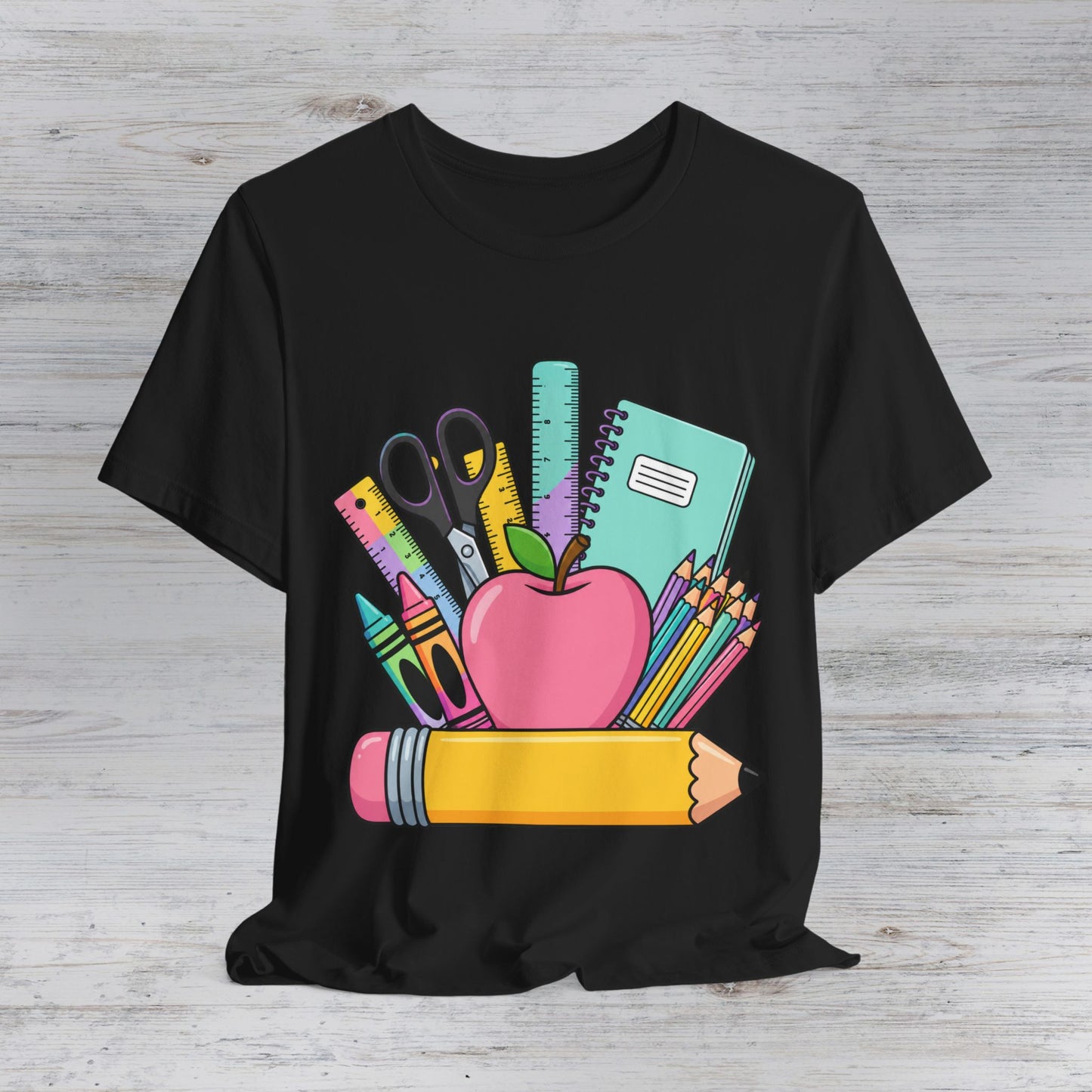 Back to School Apple and Supplies Tee | Pencil, Notebook, Scissors, Colored Pencils