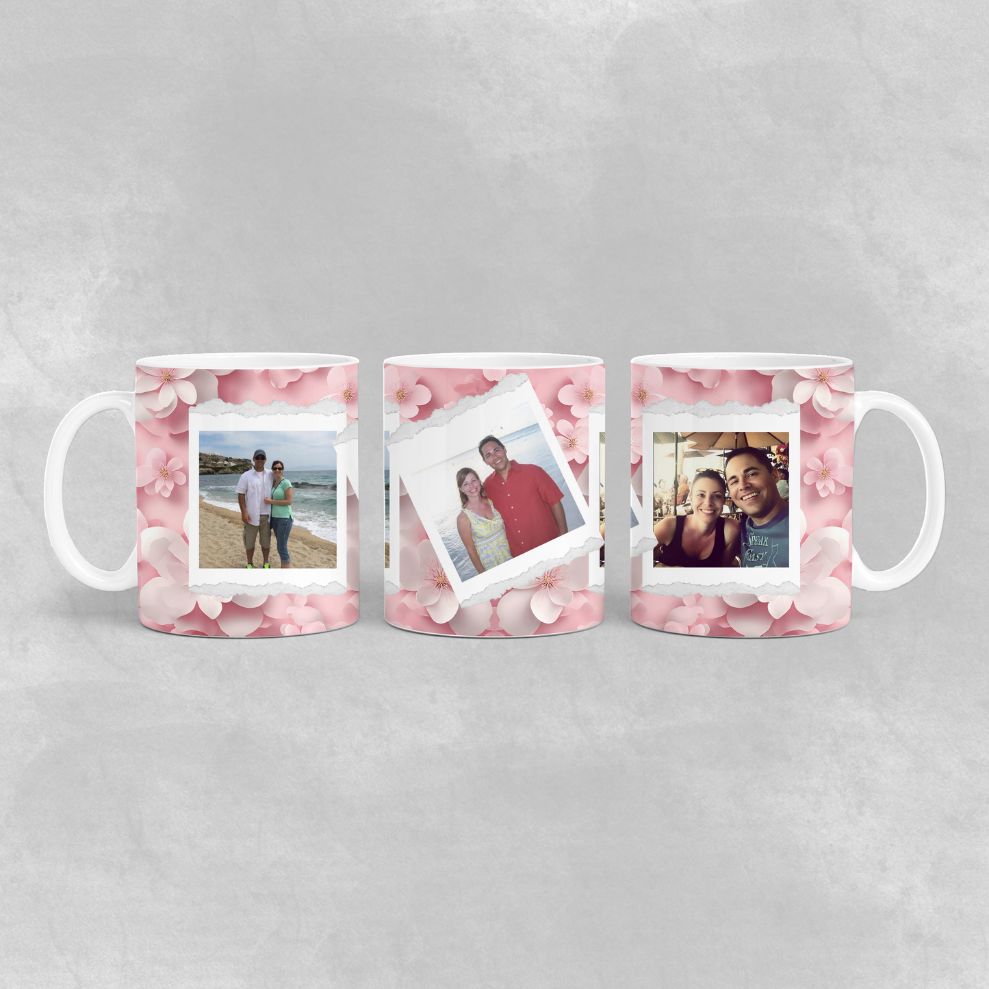 Cherry Blossom Coffee Mug - 11oz Customized Mug with 3 Photos, Gift for Her, Floral Design, Personalized Drinkware
