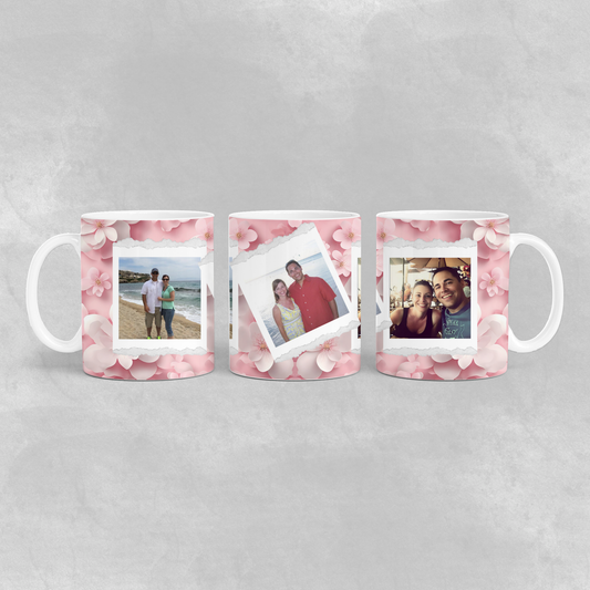Cherry Blossom Coffee Mug - 11oz Customized Mug with 3 Photos, Gift for Her, Floral Design, Personalized Drinkware