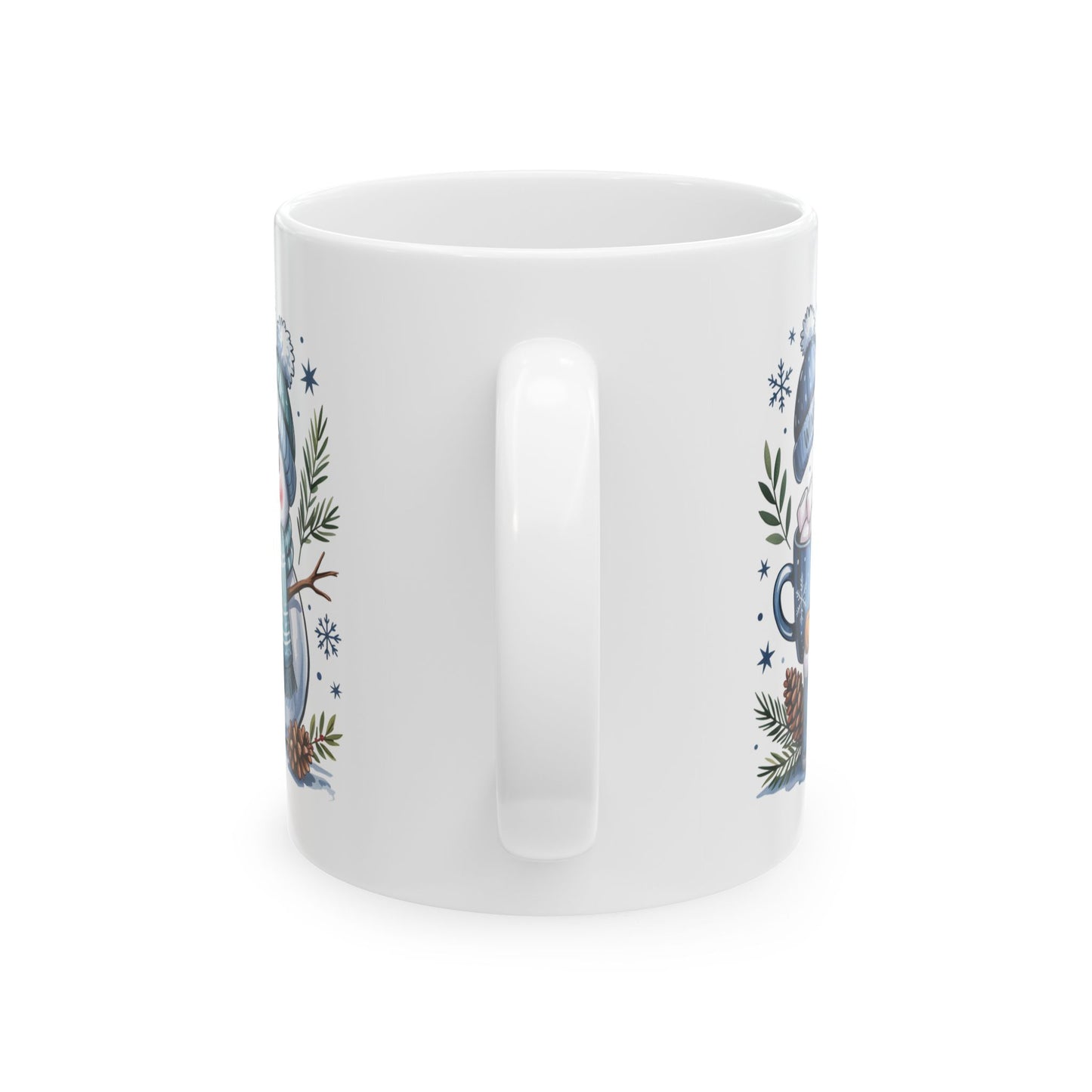 Snowman with Hot Cocoa Mug | Winter Snowflakes Pinecones