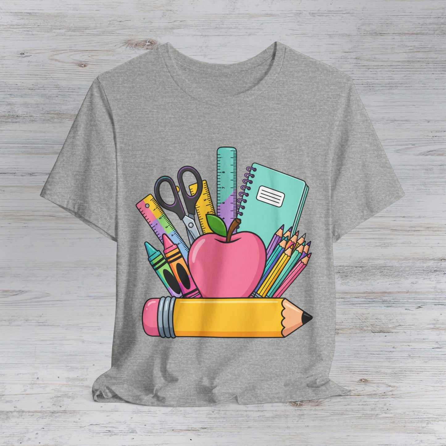 Back to School Apple and Supplies Tee | Pencil, Notebook, Scissors, Colored Pencils